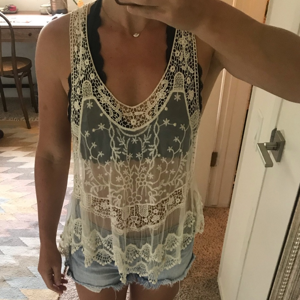 LF mesh and lace crocheted top